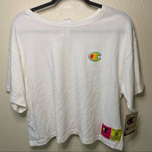 Champion Women's L Reverse Weave White Logo Cropped T-Shirt Top. New With Tags